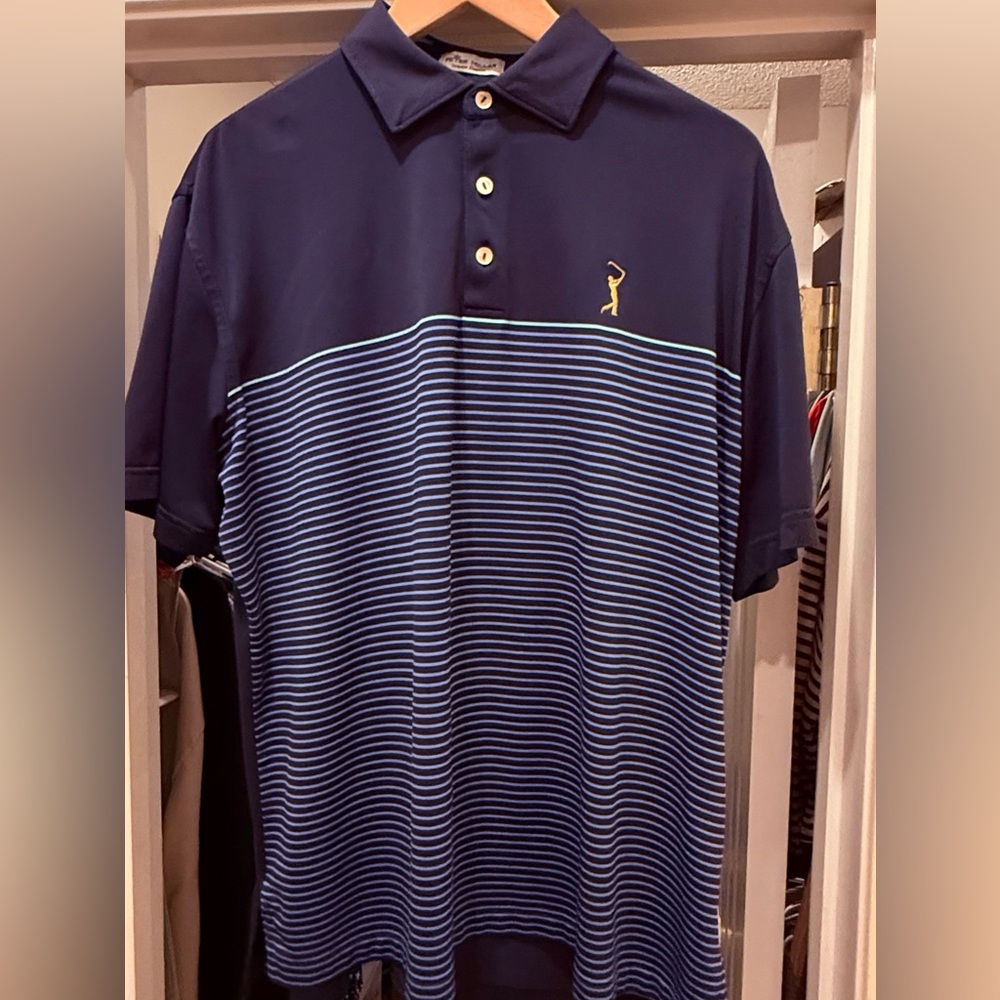 Peter Millar Polo Shirt Men’s Medium Navy Blue Striped Golf Performance Players